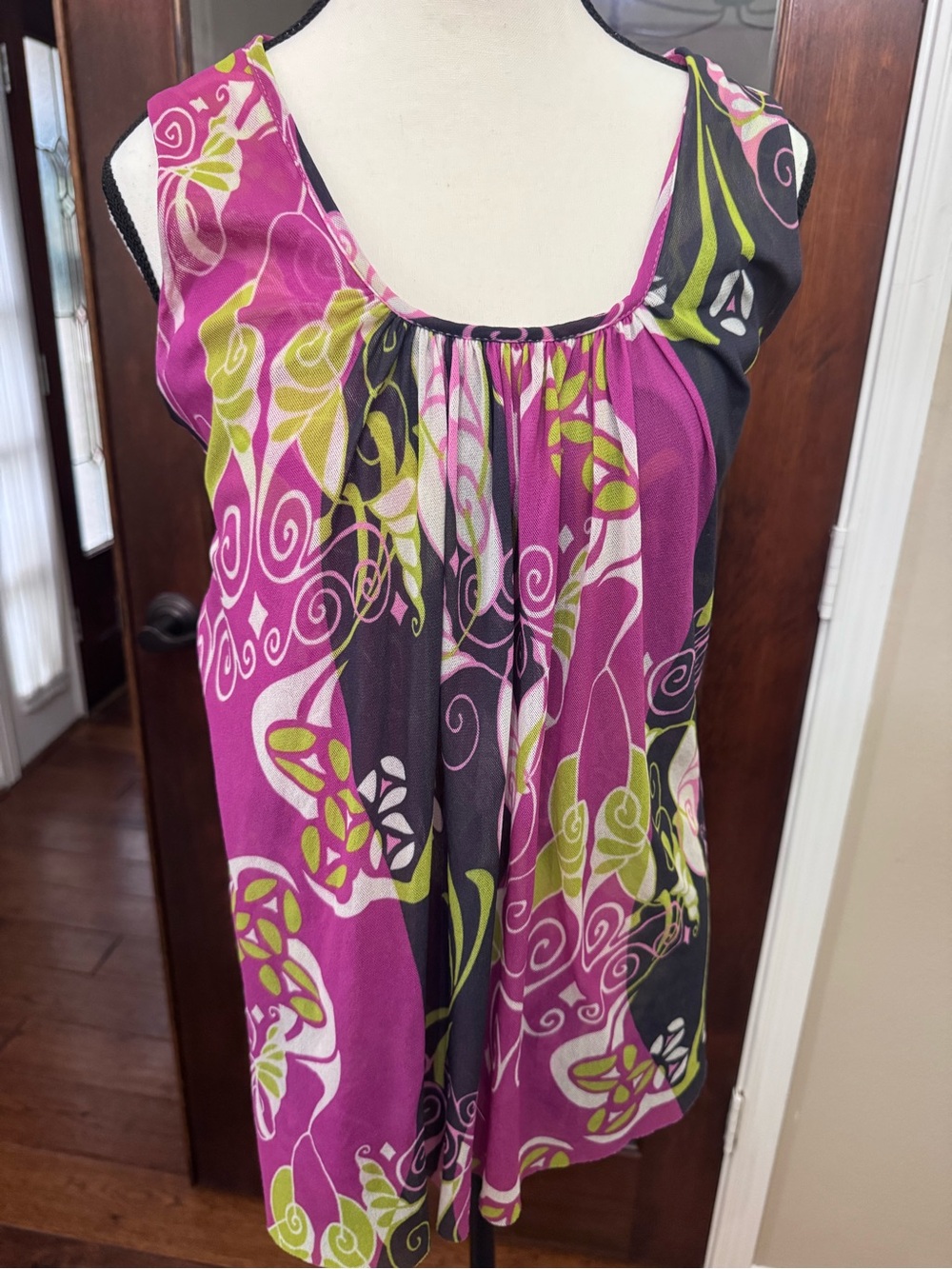 Silver Lining Floral Mesh Tunic Top Large Pink Green Black